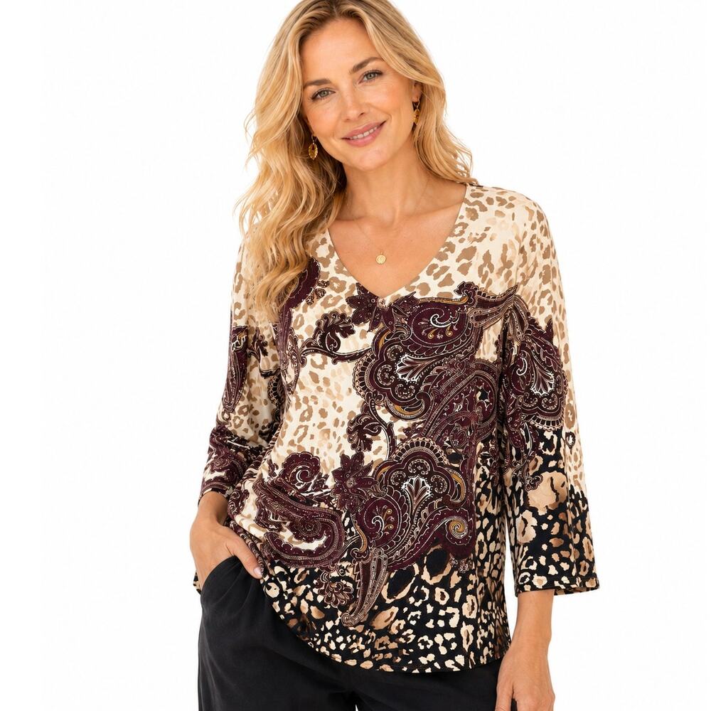 Chicos Paisley Animal Print Knit Top Size 4 (Womens XXL) Multicolor V-Neck Tee